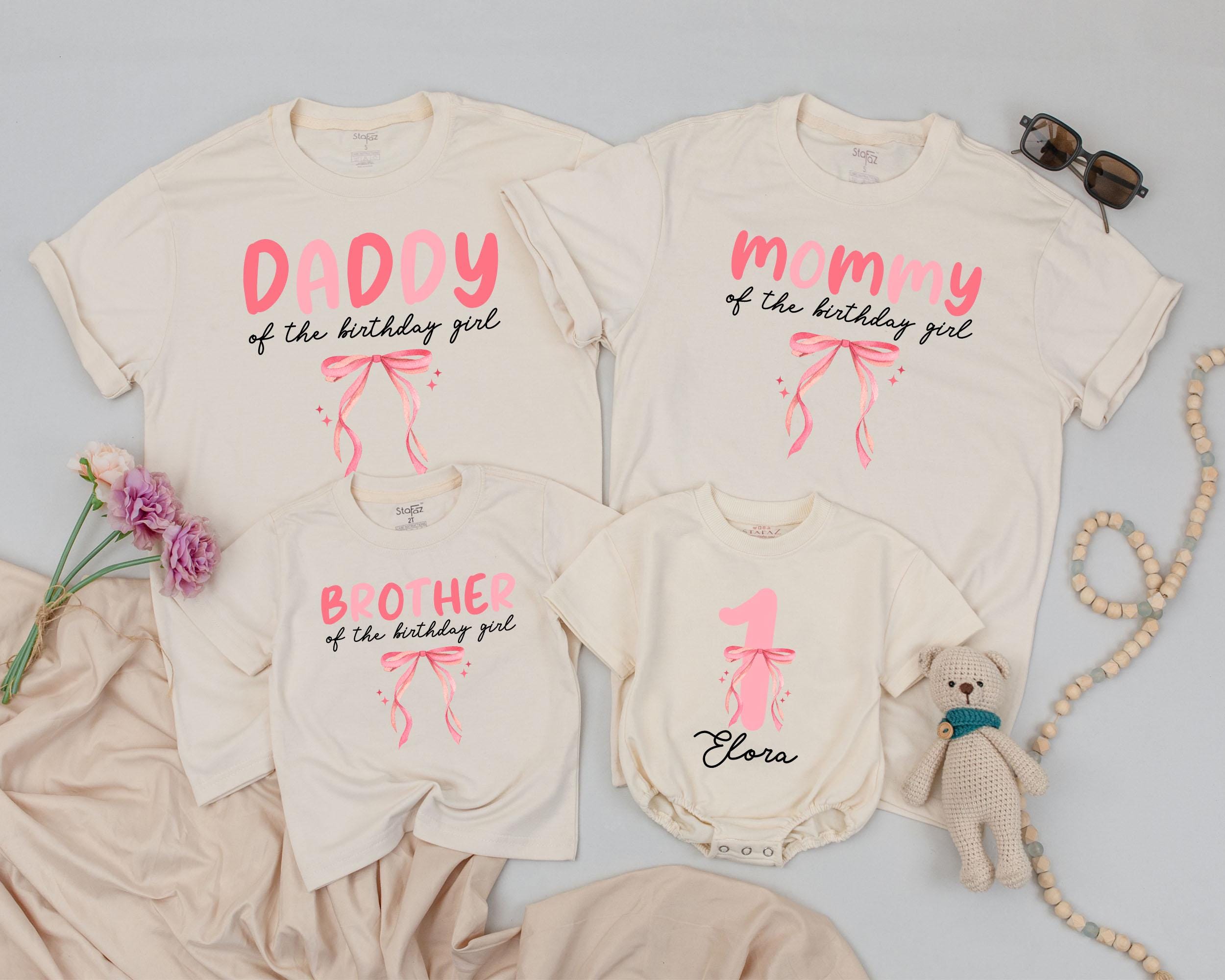 Pink Bow 1st Birthday Outfit for Girl with Matching Family Shirts, Soft Cotton Party Clothes for Baby and Mom, First Birthday Gift Idea