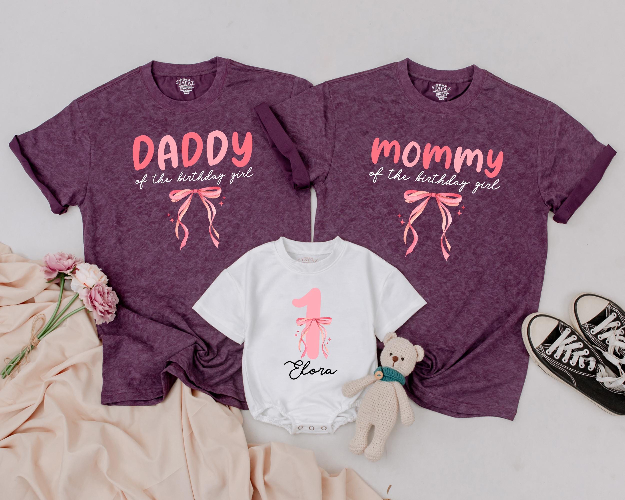Pink Bow 1st Birthday Outfit for Girl with Matching Family Shirts, Soft Cotton Party Clothes for Baby and Mom, First Birthday Gift Idea