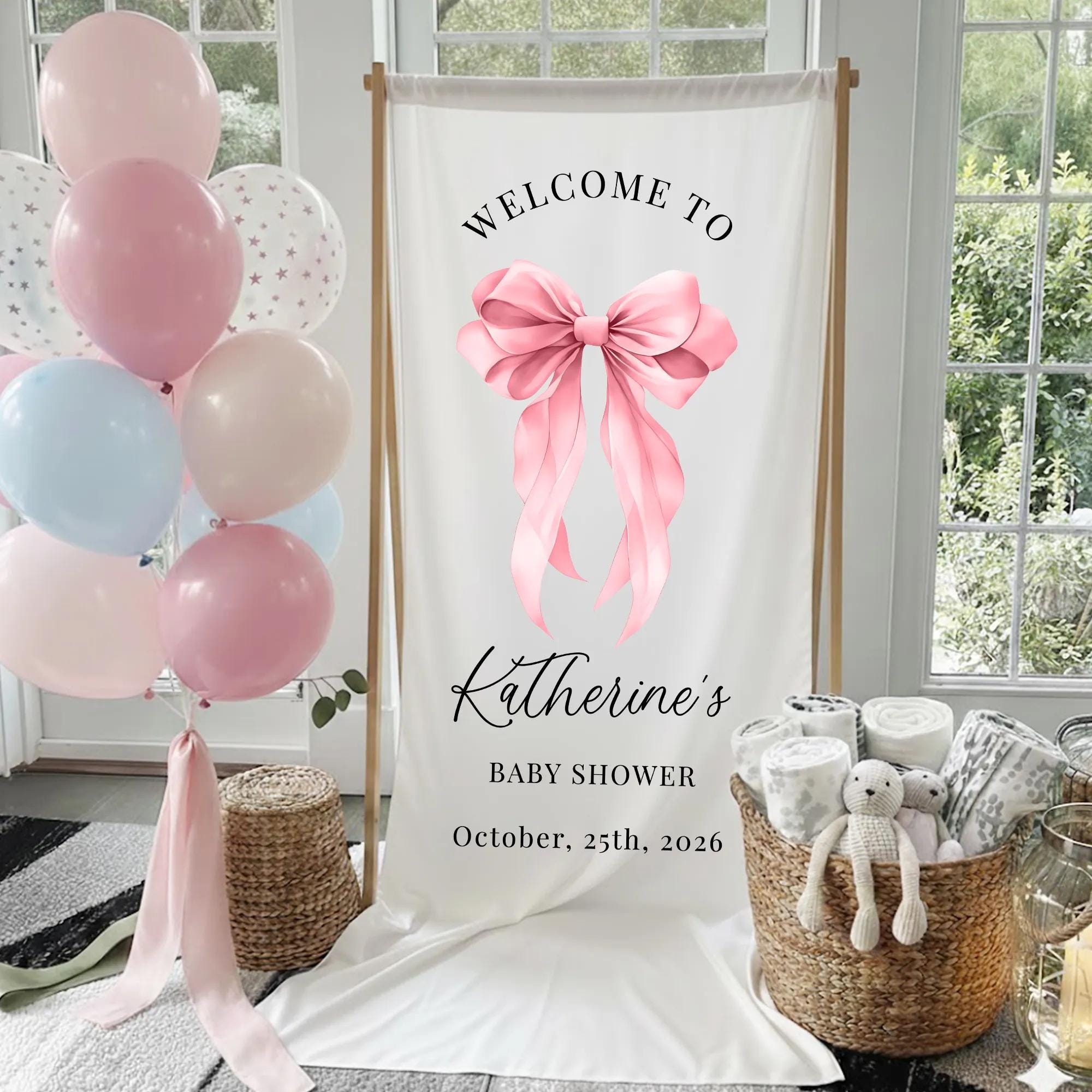 Pink Bow Baby Shower Welcome Sign with Custom Name and Date, Elegant Silk Entrance Banner, Watercolor Design Baby Shower Decoration