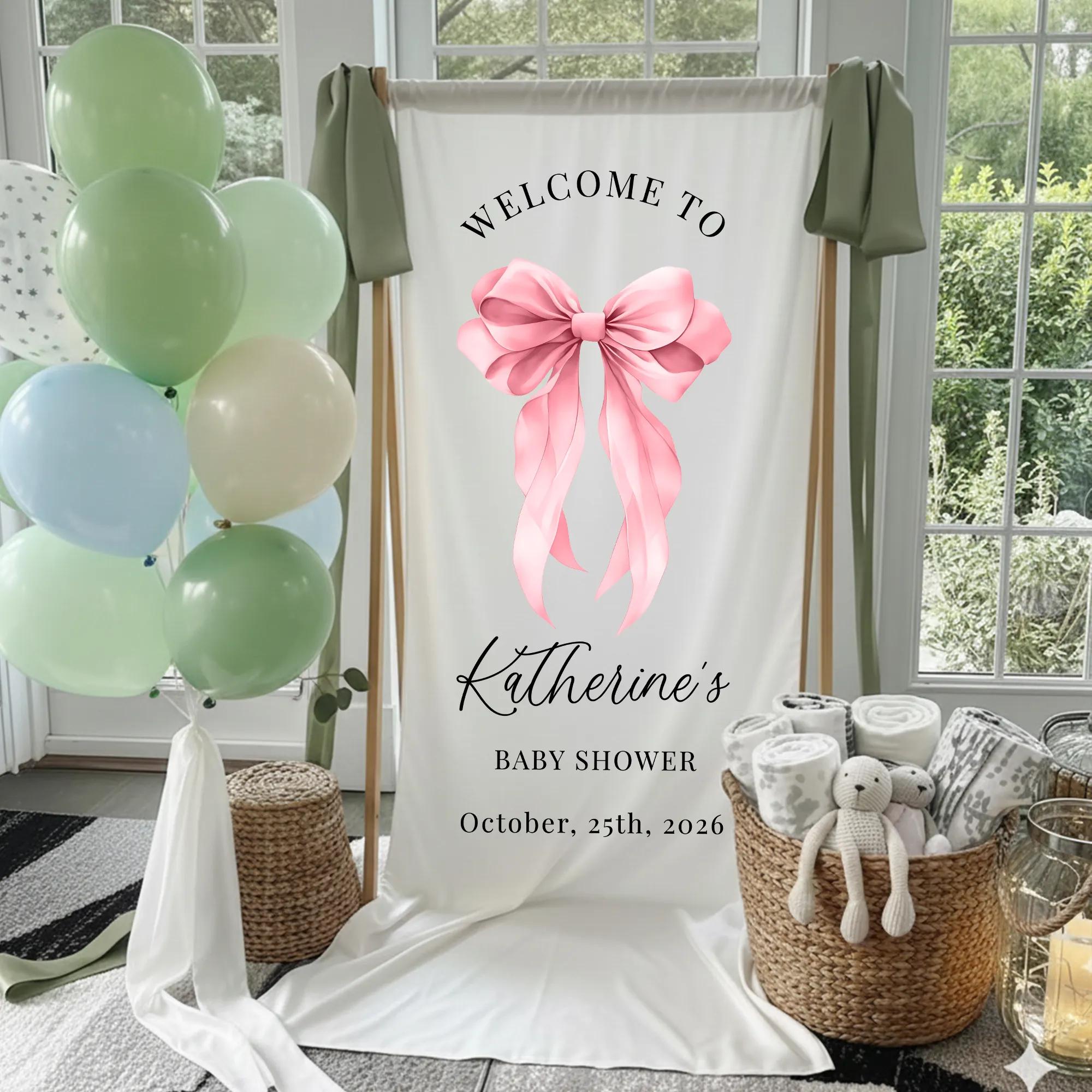 Pink Bow Baby Shower Welcome Sign with Custom Name and Date, Elegant Silk Entrance Banner, Watercolor Design Baby Shower Decoration