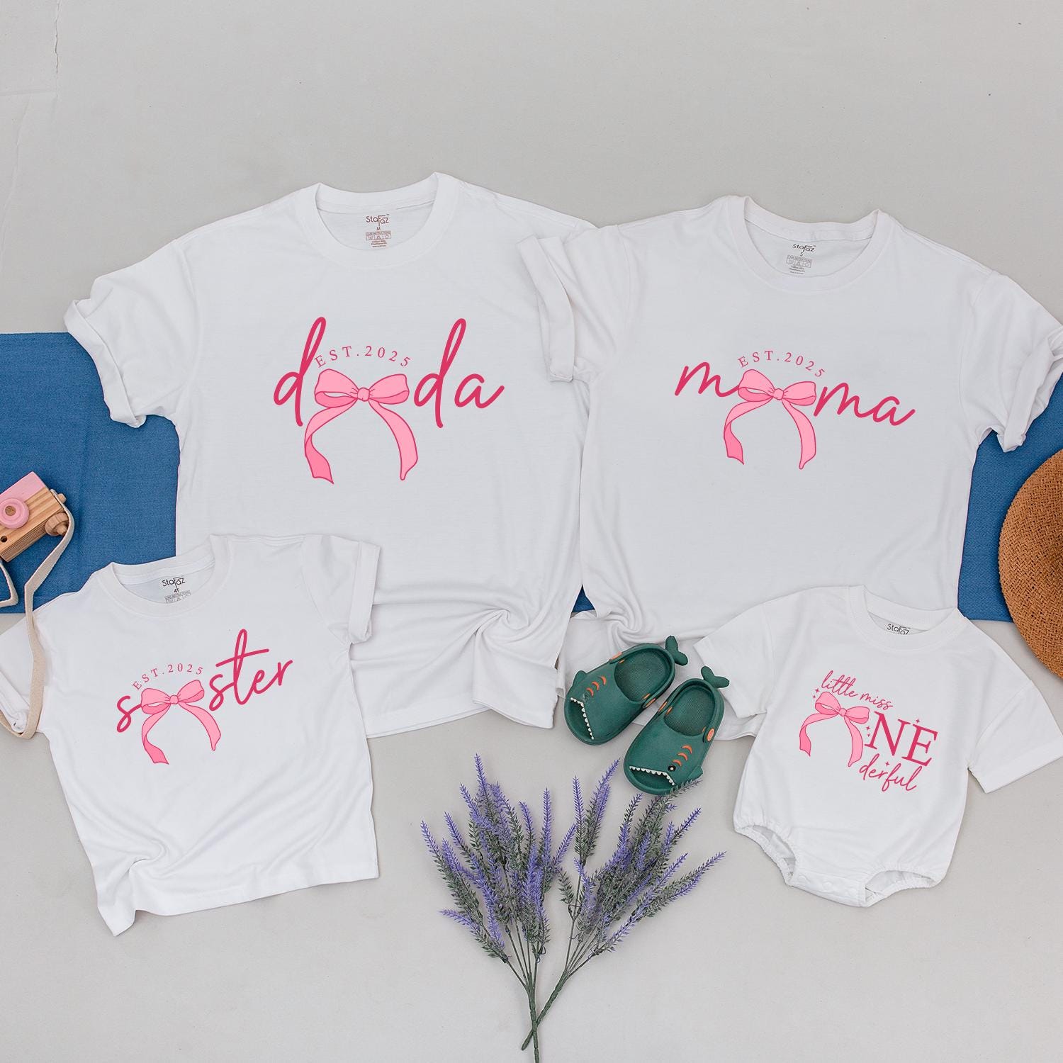 Pink Bow Birthday Girl Shirts Family Matching First Birthday Outfit Mama Baby Celebration Soft Cotton Playful Design