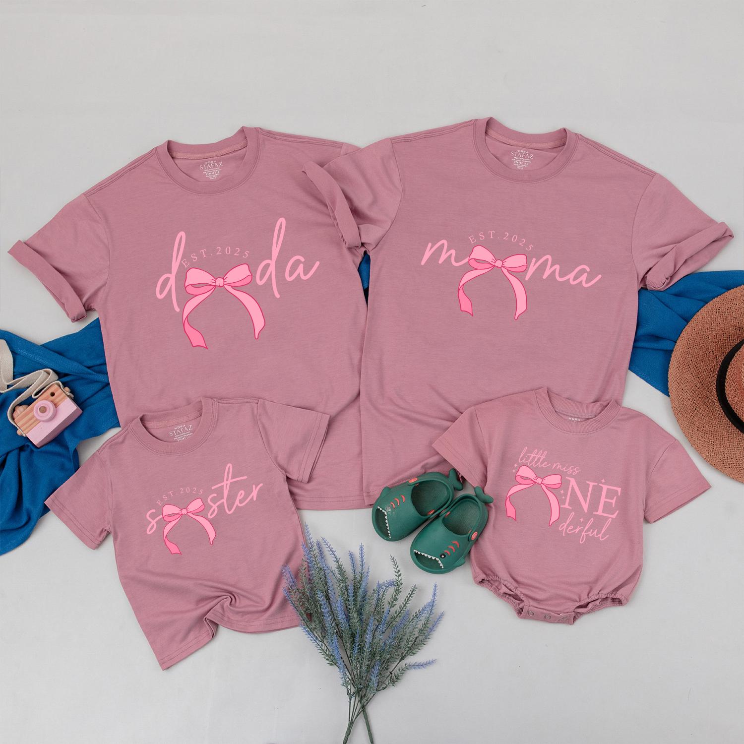 Pink Bow Birthday Girl Shirts Family Matching First Birthday Outfit Mama Baby Celebration Soft Cotton Playful Design