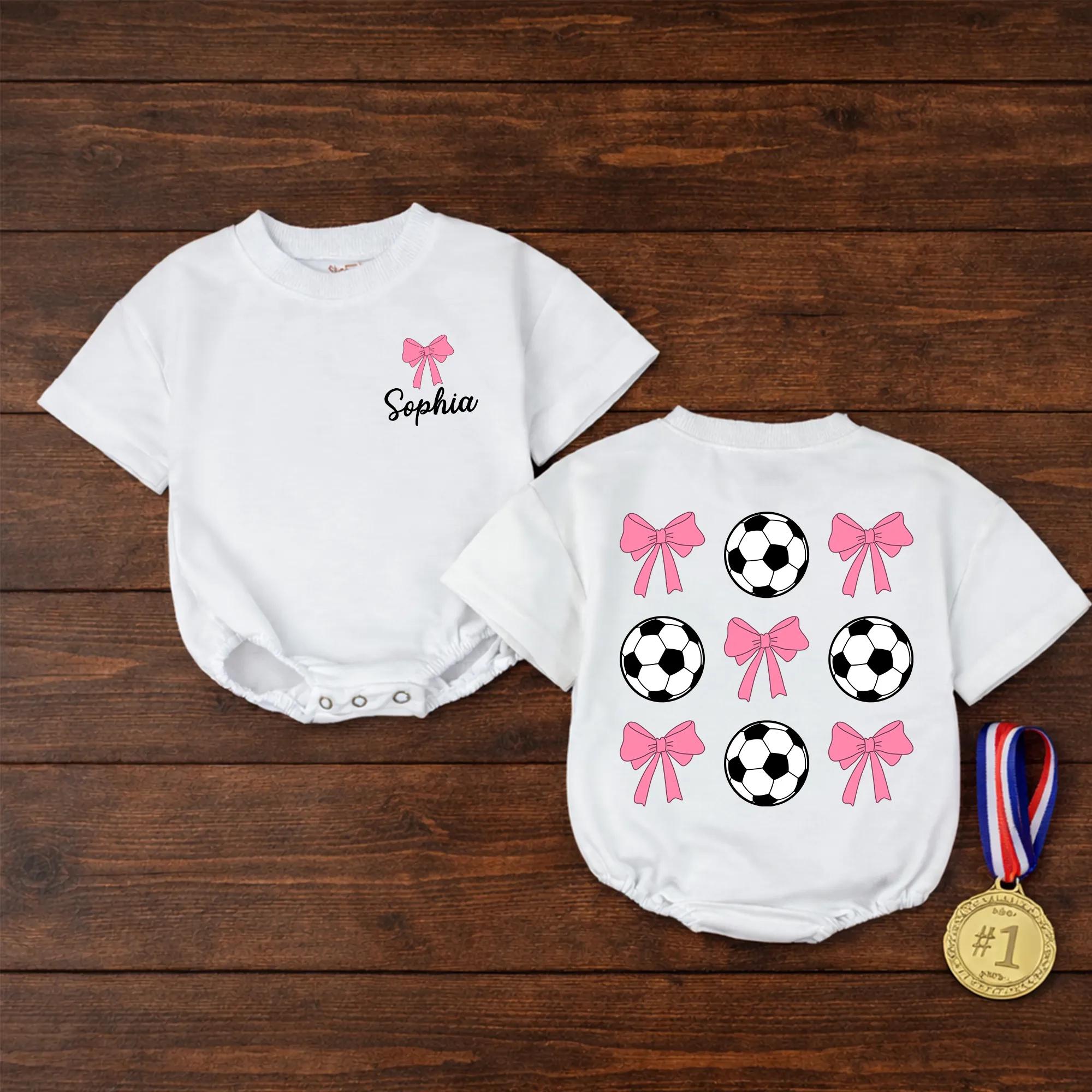 Pink Bow and Soccer Ball Baby Romper with Custom Name, Coquette Toddler Outfit for Game Day or Milestone Photos