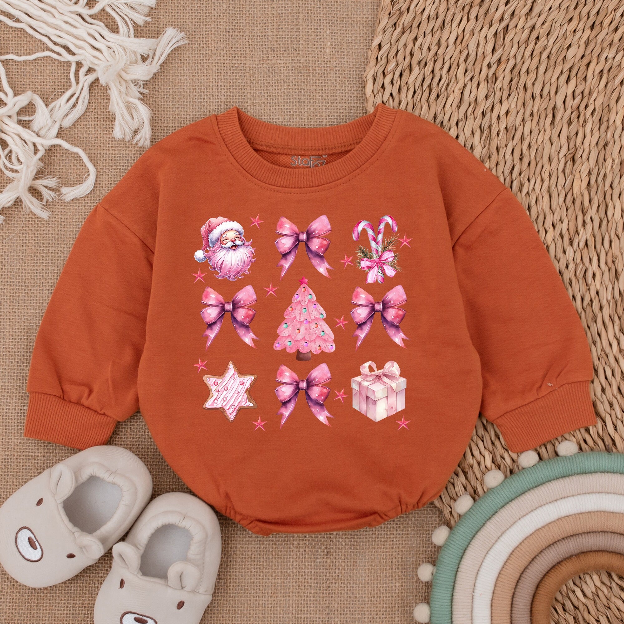 Pink Christmas Tree Baby Romper with Santa and Candy Cane Holiday Outfit First Christmas Baby Gift Soft Cotton Playful Design