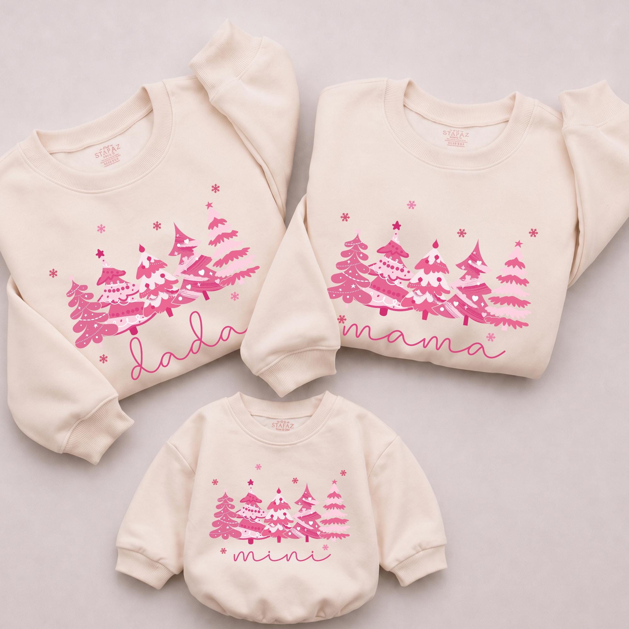 Pink Christmas Tree Matching Family Sweatshirts with Custom Names, Retro Holiday Mommy and Me Outfits, Baby Girl Romper Included