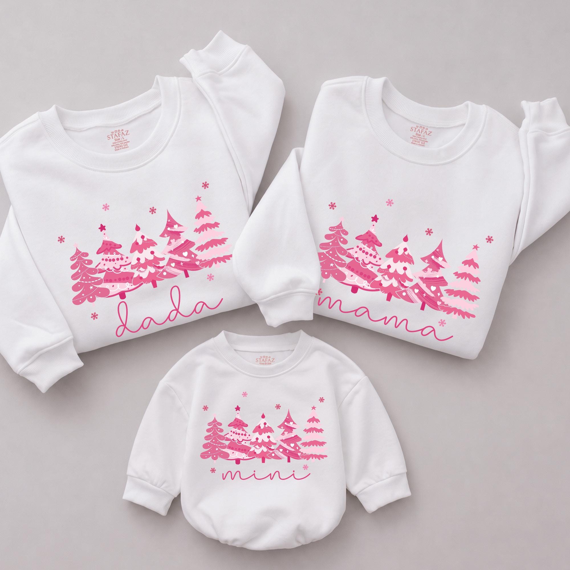 Pink Christmas Tree Matching Family Sweatshirts with Custom Names, Retro Holiday Mommy and Me Outfits, Baby Girl Romper Included