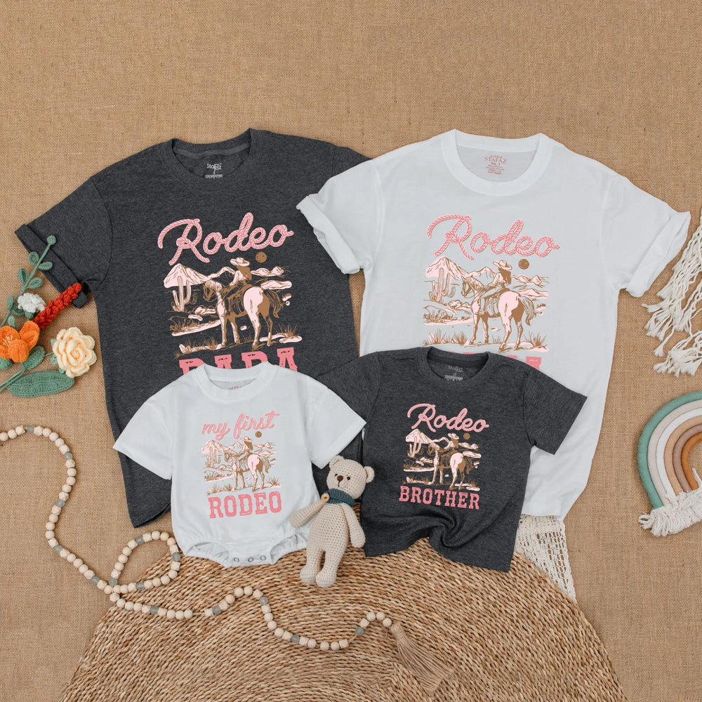 Pink Cowgirl Birthday Matching Family Shirts with Rustic Western Horseback Design, My First Rodeo Baby Romper Girl First Birthday Outfit
