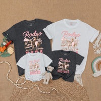 Pink Cowgirl Birthday Matching Family Shirts with Rustic Western Horseback Design, My First Rodeo Baby Romper Girl First Birthday Outfit