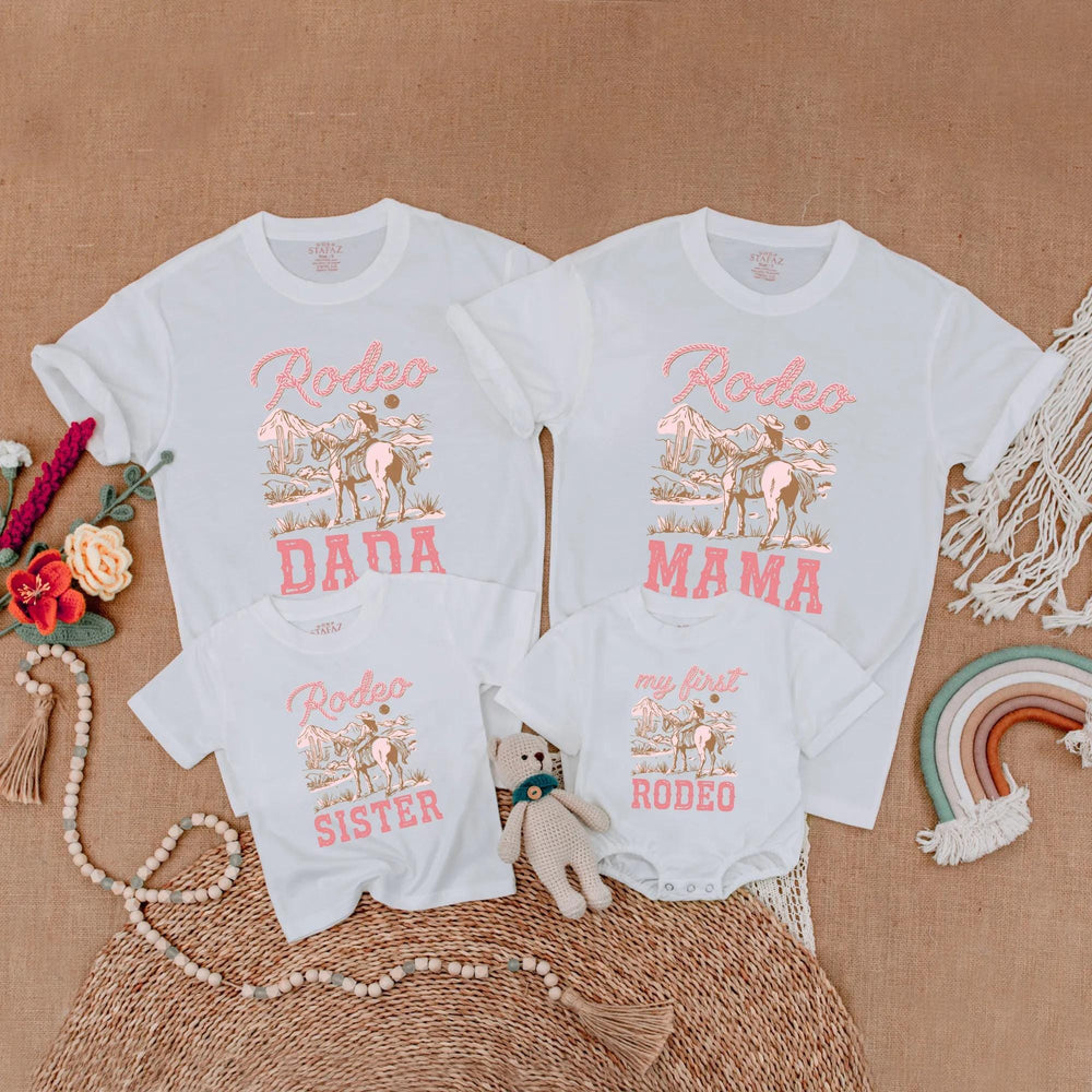 Pink Cowgirl Birthday Matching Family Shirts with Rustic Western Horseback Design, My First Rodeo Baby Romper Girl First Birthday Outfit
