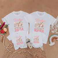 Pink Cowgirl Birthday Matching Family Shirts with Rustic Western Horseback Design, My First Rodeo Baby Romper Girl First Birthday Outfit