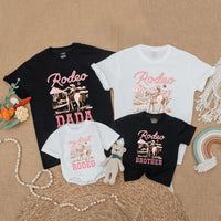 Pink Cowgirl Birthday Matching Family Shirts with Rustic Western Horseback Design, My First Rodeo Baby Romper Girl First Birthday Outfit