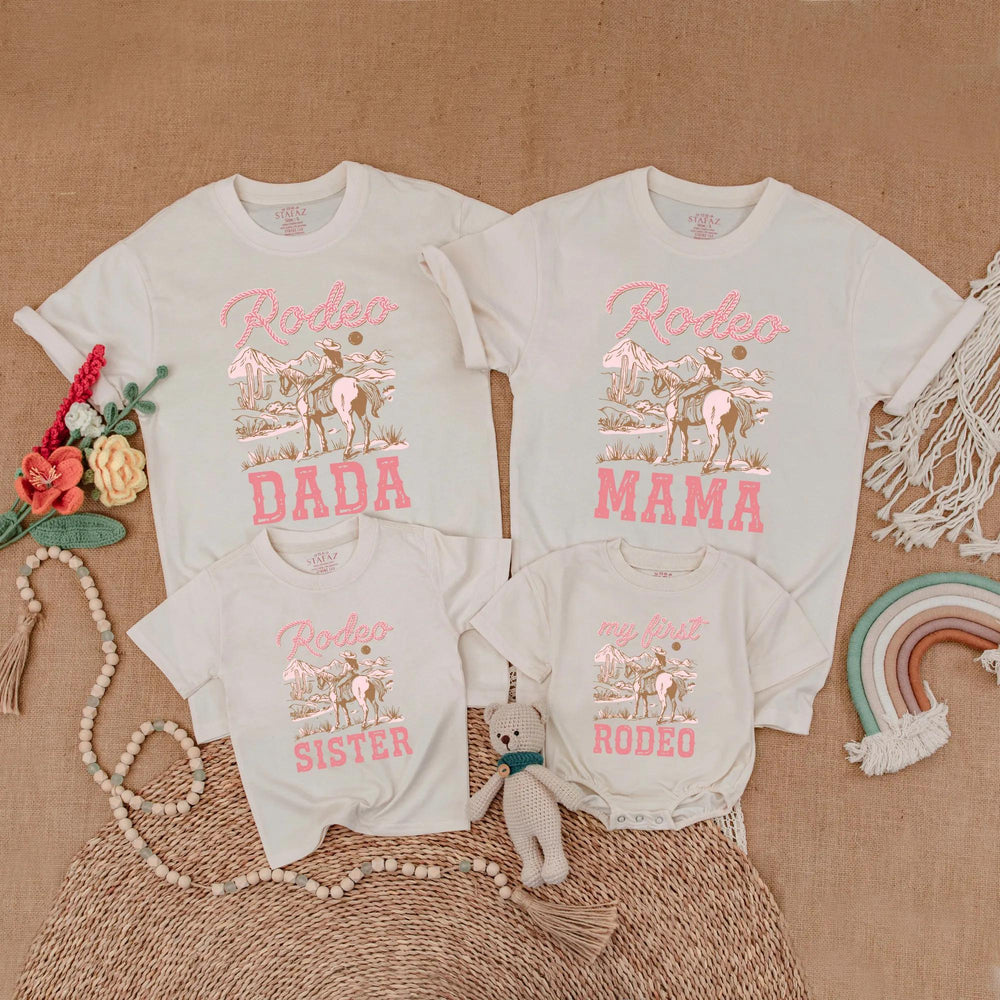Pink Cowgirl Birthday Matching Family Shirts with Rustic Western Horseback Design, My First Rodeo Baby Romper Girl First Birthday Outfit