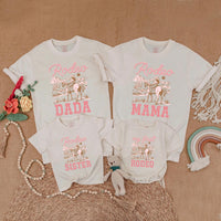 Pink Cowgirl Birthday Matching Family Shirts with Rustic Western Horseback Design, My First Rodeo Baby Romper Girl First Birthday Outfit