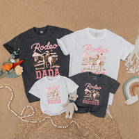 Pink Cowgirl Birthday Matching Family Shirts with Rustic Western Horseback Design, My First Rodeo Baby Romper Girl First Birthday Outfit