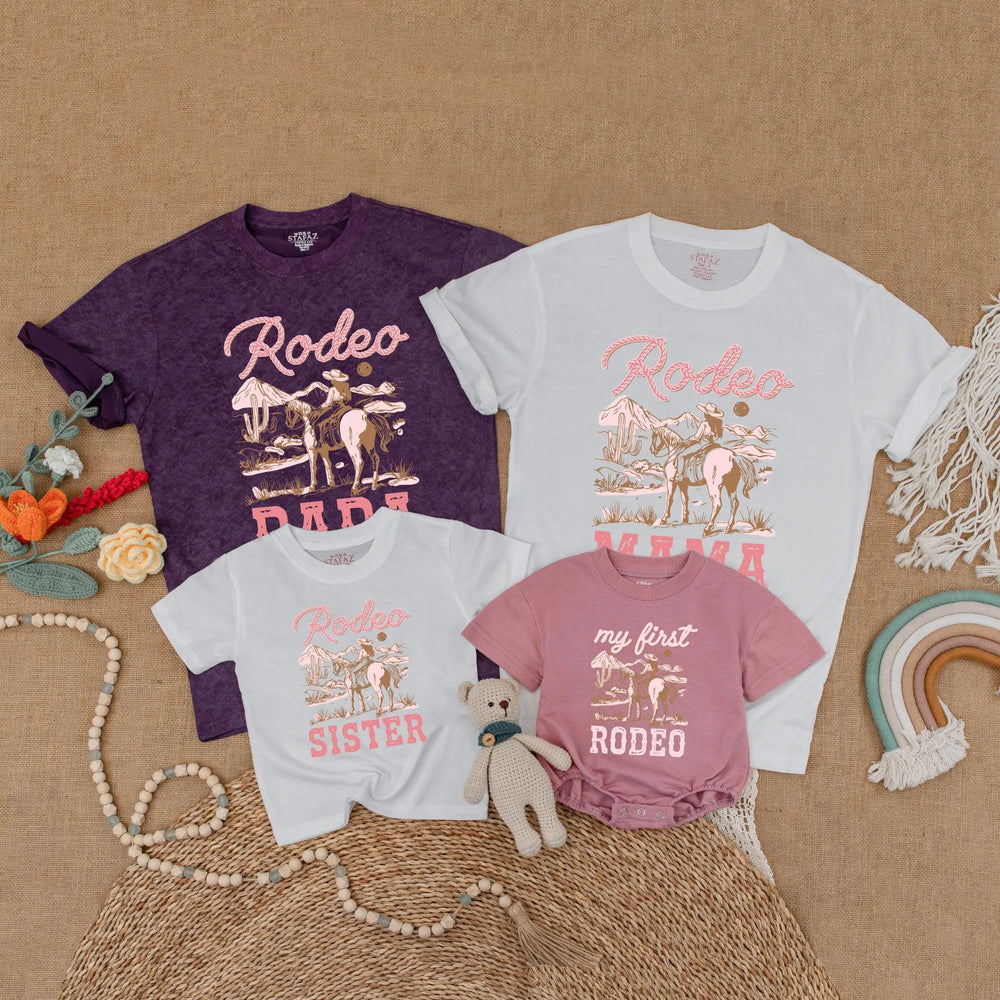 Pink Cowgirl Birthday Matching Family Shirts with Rustic Western Horseback Design, My First Rodeo Baby Romper Girl First Birthday Outfit