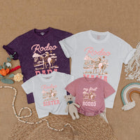 Pink Cowgirl Birthday Matching Family Shirts with Rustic Western Horseback Design, My First Rodeo Baby Romper Girl First Birthday Outfit