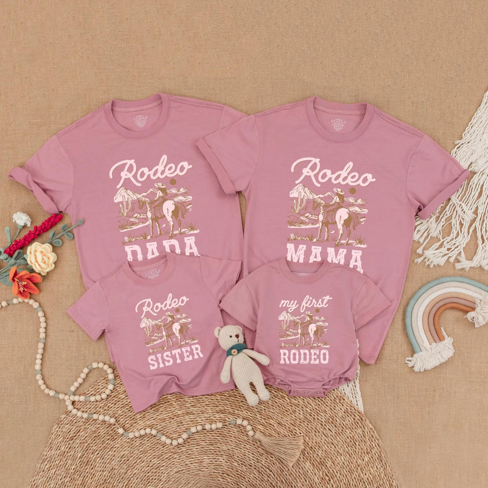 Pink Cowgirl Birthday Matching Family Shirts with Rustic Western Horseback Design, My First Rodeo Baby Romper Girl First Birthday Outfit
