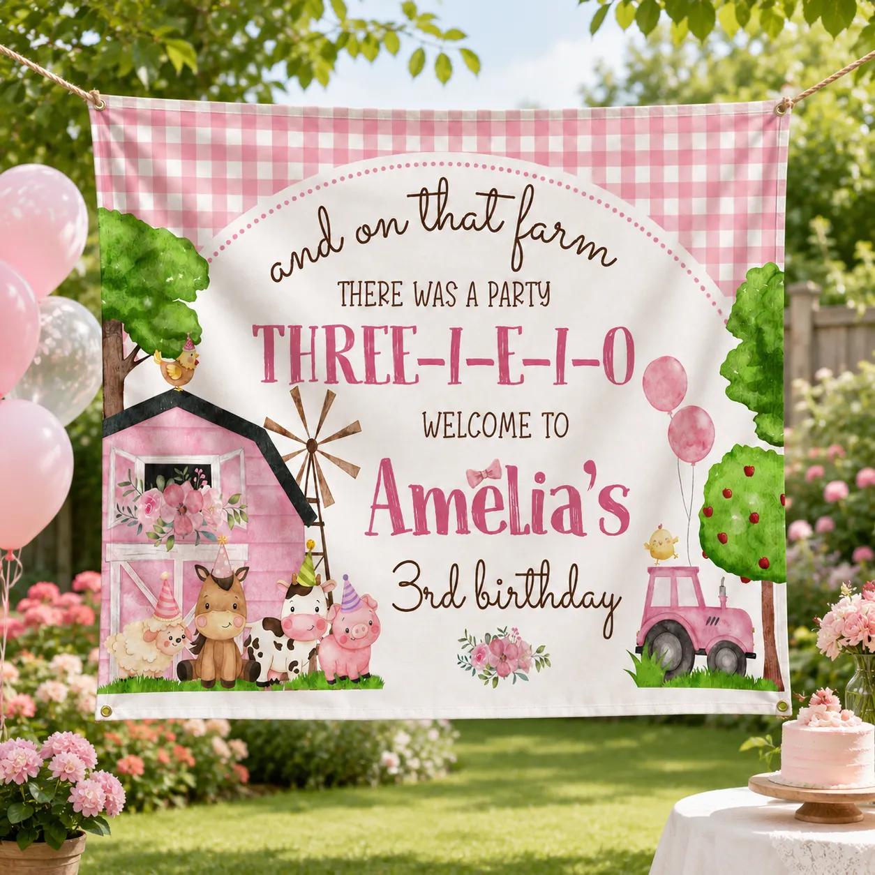 Pink Farm 3rd Birthday Banner with Gingham Design Personalized Girl Barnyard Party Backdrop Featuring Whimsical Animals and Custom Name
