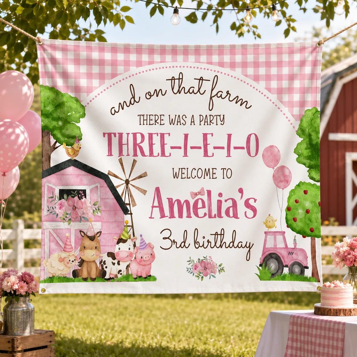 Pink Farm 3rd Birthday Banner with Gingham Design Personalized Girl Barnyard Party Backdrop Featuring Whimsical Animals and Custom Name