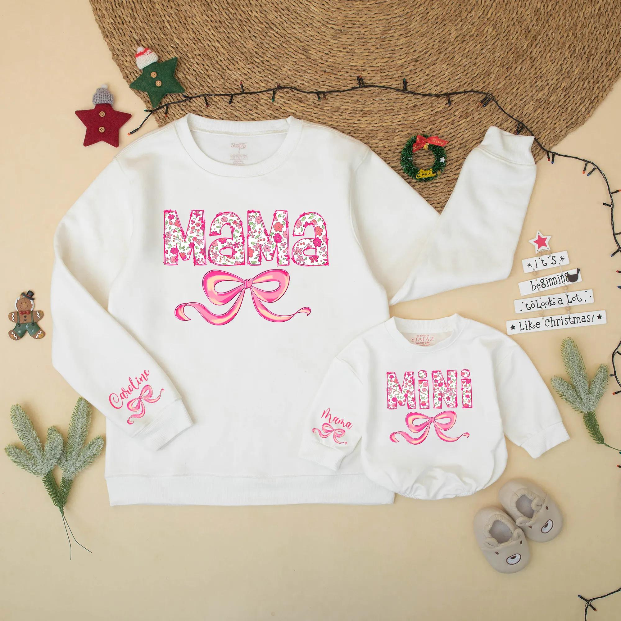 Pink Floral Mama and Mini Matching Sweatshirt with Bow Design Personalized Custom Mother Daughter Outfit Soft Cotton Gift for Baby or Toddler