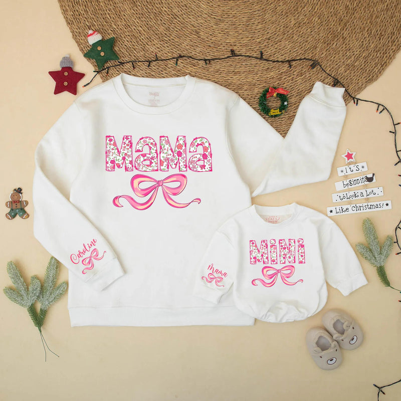 Pink Floral Mama and Mini Matching Sweatshirt with Bow Design Personalized Custom Mother Daughter Outfit Soft Cotton Gift for Baby or Toddler