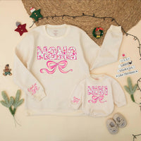 Pink Floral Mama and Mini Matching Sweatshirt with Bow Design Personalized Custom Mother Daughter Outfit Soft Cotton Gift for Baby or Toddler