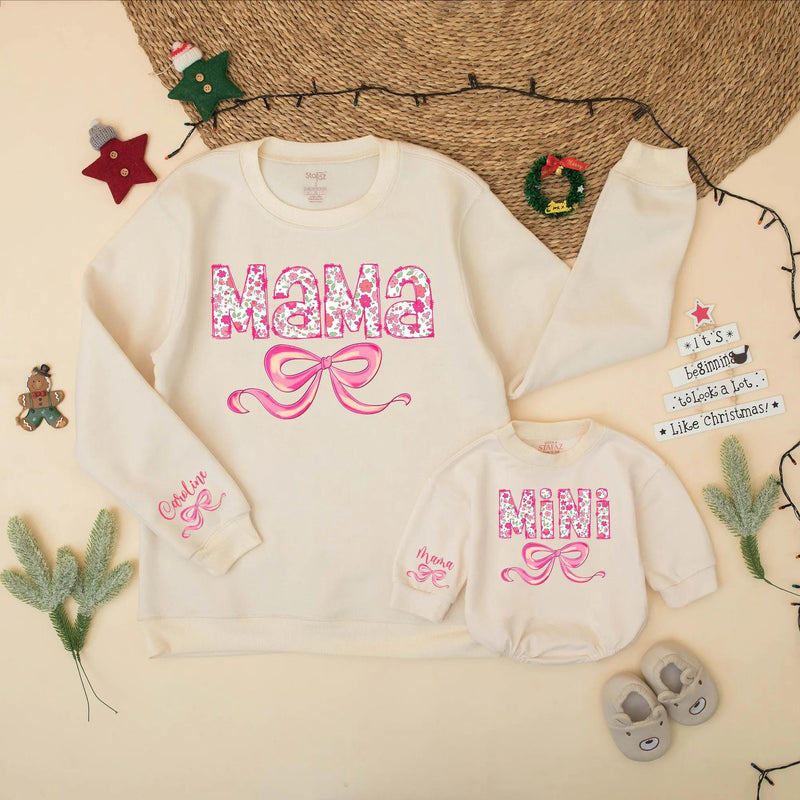 Pink Floral Mama and Mini Matching Sweatshirt with Bow Design Personalized Custom Mother Daughter Outfit Soft Cotton Gift for Baby or Toddler