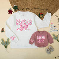 Pink Floral Mama and Mini Matching Sweatshirt with Bow Design Personalized Custom Mother Daughter Outfit Soft Cotton Gift for Baby or Toddler