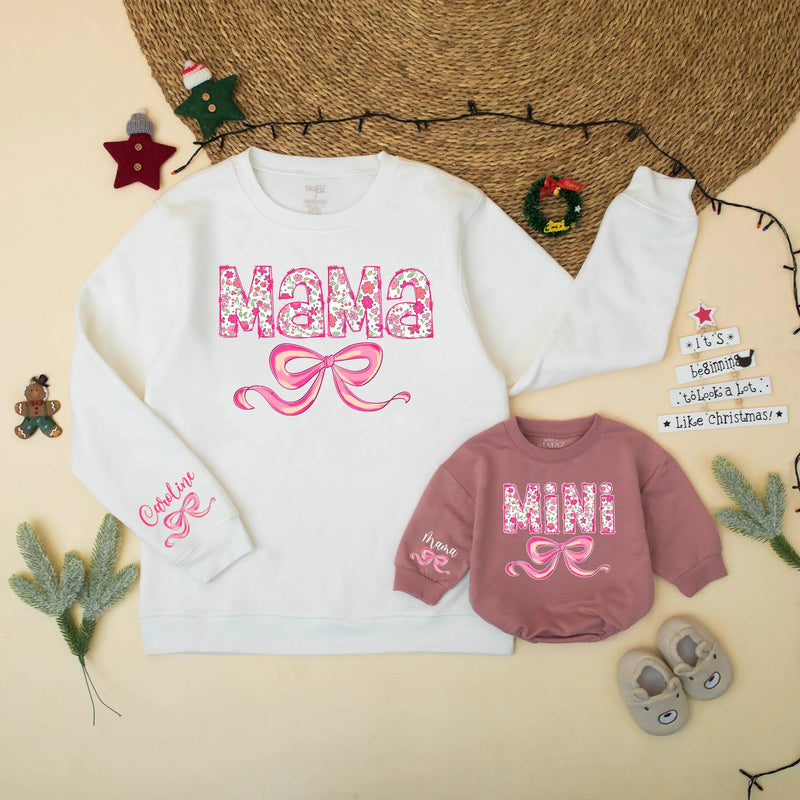 Pink Floral Mama and Mini Matching Sweatshirt with Bow Design Personalized Custom Mother Daughter Outfit Soft Cotton Gift for Baby or Toddler