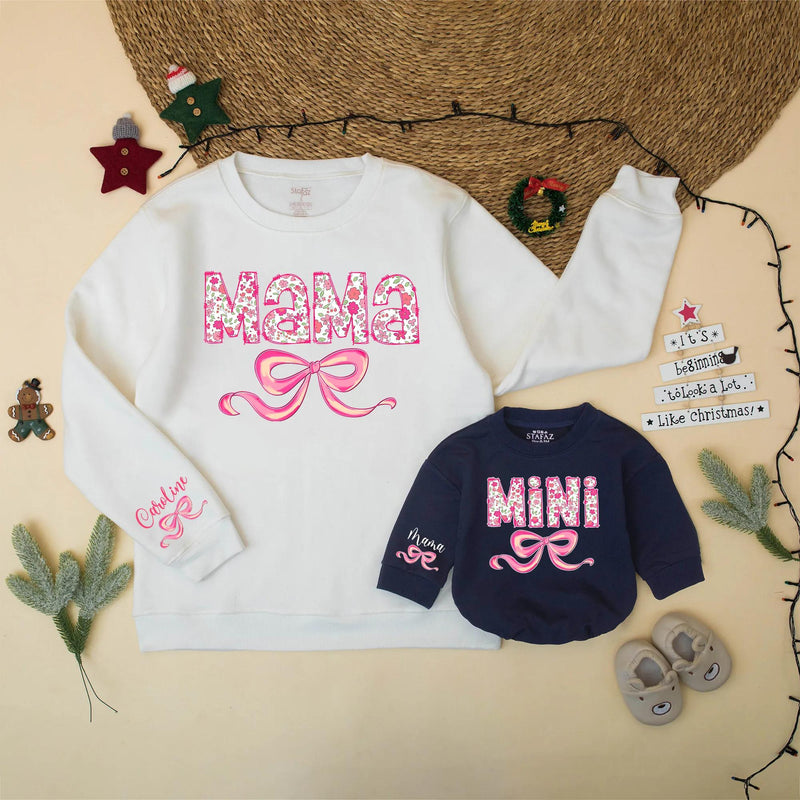 Pink Floral Mama and Mini Matching Sweatshirt with Bow Design Personalized Custom Mother Daughter Outfit Soft Cotton Gift for Baby or Toddler