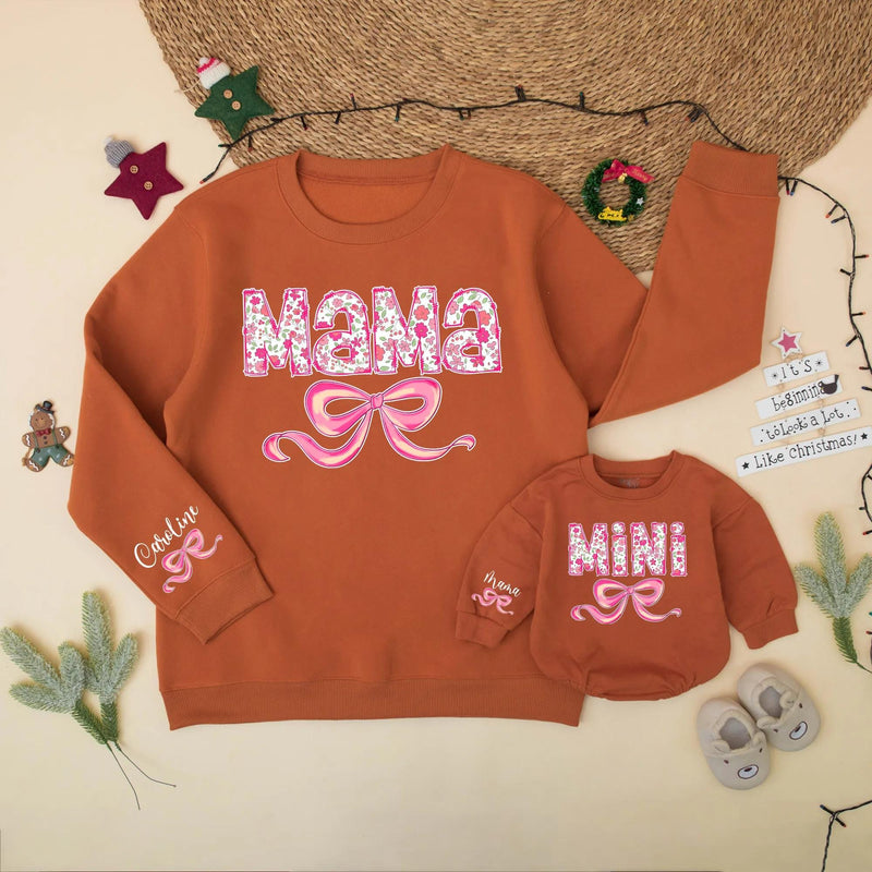 Pink Floral Mama and Mini Matching Sweatshirt with Bow Design Personalized Custom Mother Daughter Outfit Soft Cotton Gift for Baby or Toddler