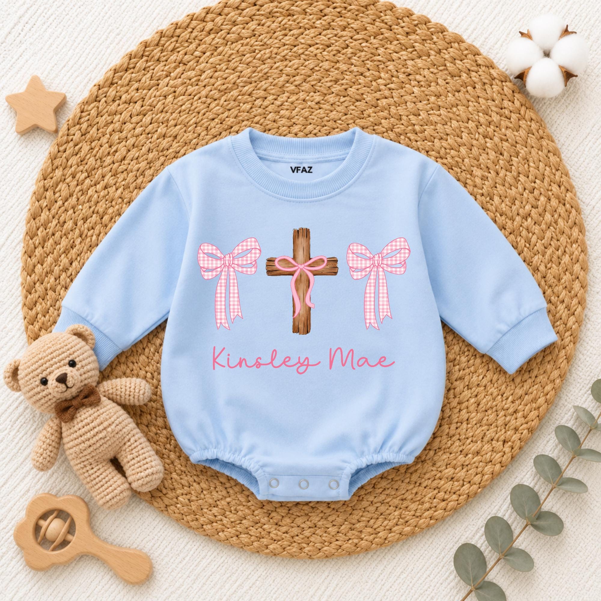 Pink Gingham Bow Cross Baby Girl Romper with Custom Name, Christian Baptism Newborn Outfit, Religious Baby Shower Gift
