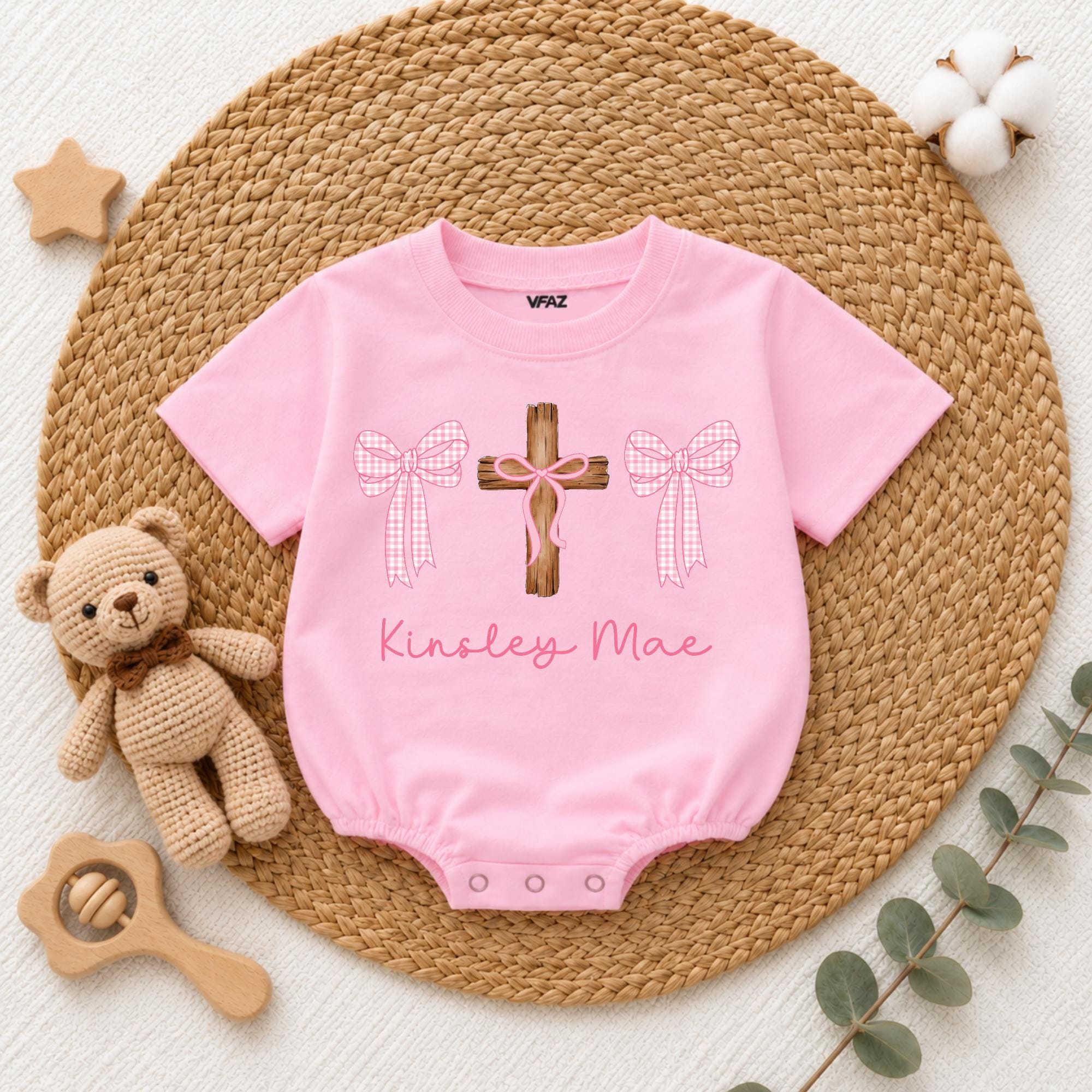 Pink Gingham Bow Cross Baby Girl Romper with Custom Name, Christian Baptism Newborn Outfit, Religious Baby Shower Gift
