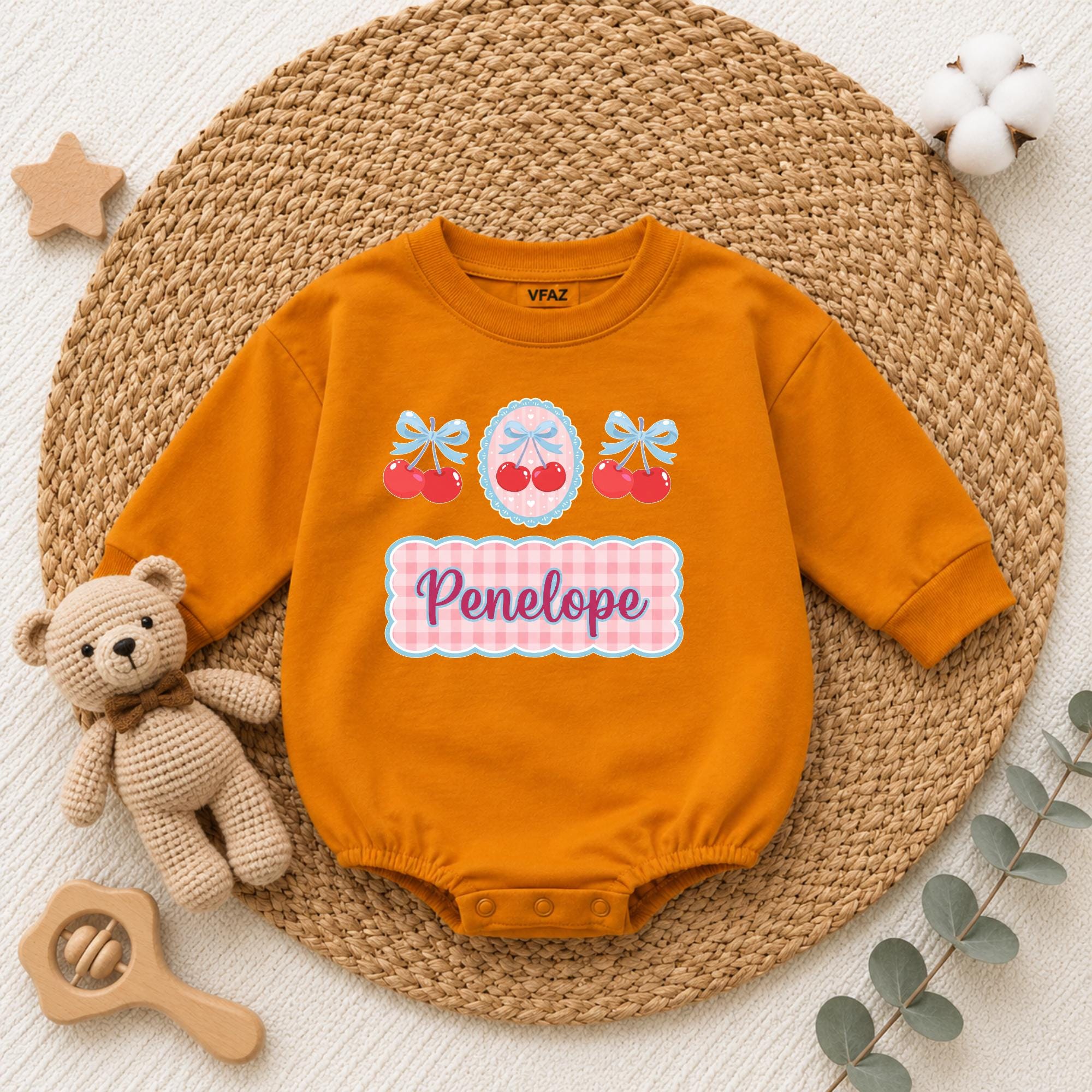 Pink Gingham Cherry Baby Romper with Custom Name, Cute Fruit Bubble Bodysuit for Girls, Newborn Birthday Outfit or Baby Shower Gift