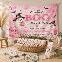 Pink Halloween Baby Shower Decor Kit with Little Boo Girl Banner and Balloon Favor Set for Cute Pastel Ghost Theme Celebration