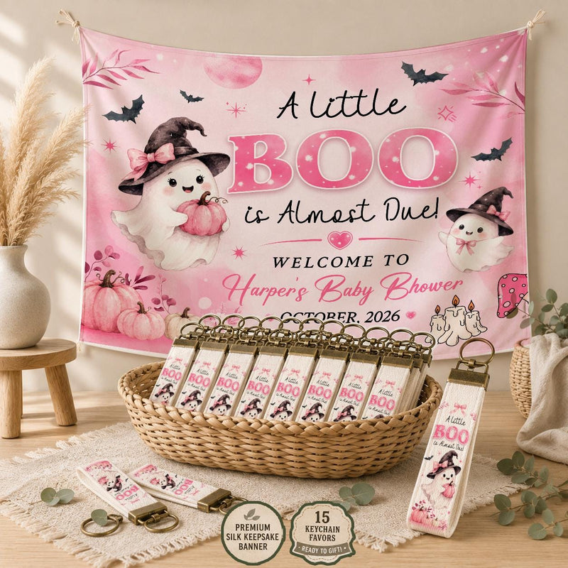 Pink Halloween Baby Shower Decor Kit with Little Boo Girl Banner and Balloon Favor Set for Cute Pastel Ghost Theme Celebration