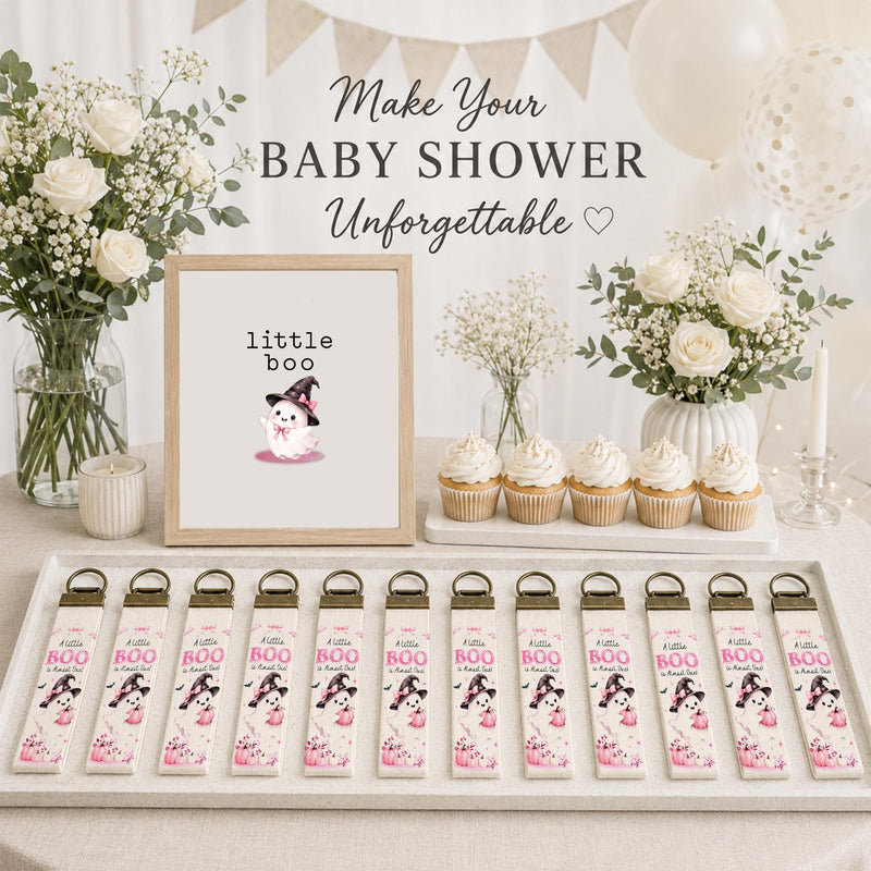 Pink Halloween Baby Shower Decor Kit with Little Boo Girl Banner and Balloon Favor Set for Cute Pastel Ghost Theme Celebration