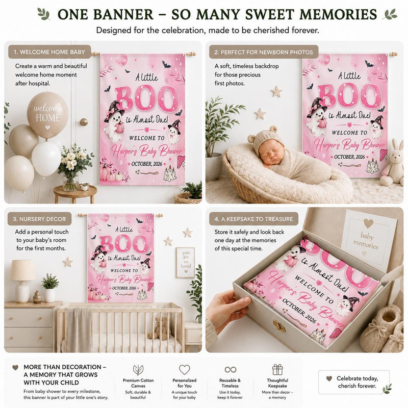 Pink Halloween Baby Shower Decor Kit with Little Boo Girl Banner and Balloon Favor Set for Cute Pastel Ghost Theme Celebration