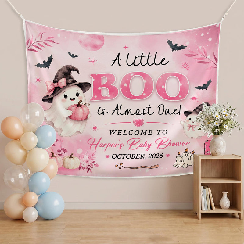 Pink Halloween Baby Shower Decor Kit with Little Boo Girl Banner and Balloon Favor Set for Cute Pastel Ghost Theme Celebration
