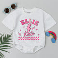 Pink Lightning Bolt Baby Girl Romper with Checkered Design and Custom Name, 1st Birthday Outfit for Cake Smash or Photoshoot
