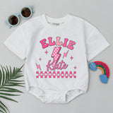Pink Lightning Bolt Baby Girl Romper with Checkered Design and Custom Name, 1st Birthday Outfit for Cake Smash or Photoshoot