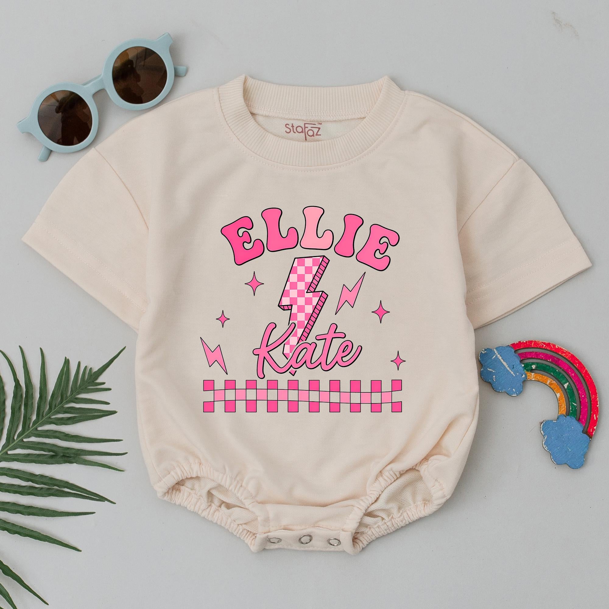 Pink Lightning Bolt Baby Girl Romper with Checkered Design and Custom Name, 1st Birthday Outfit for Cake Smash or Photoshoot