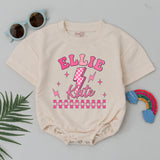 Pink Lightning Bolt Baby Girl Romper with Checkered Design and Custom Name, 1st Birthday Outfit for Cake Smash or Photoshoot