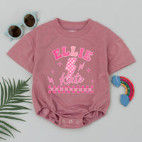 Pink Lightning Bolt Baby Girl Romper with Checkered Design and Custom Name, 1st Birthday Outfit for Cake Smash or Photoshoot