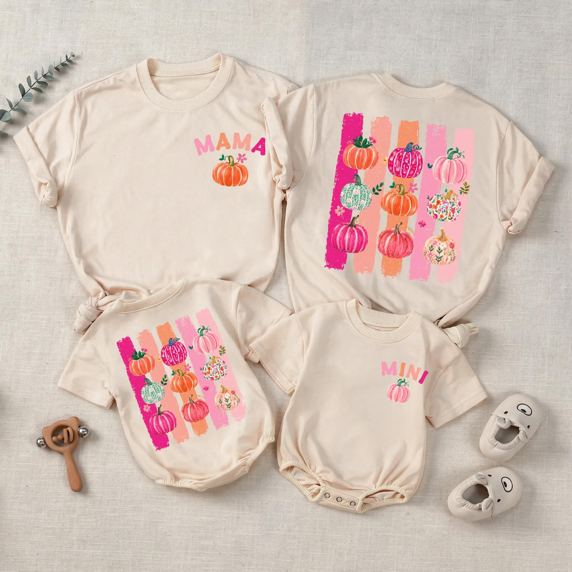 Pink Pumpkin Matching Family Outfits with Custom Name, Preppy Fall Mama and Mini Shirts, Baby Bubble Romper for Autumn Photos