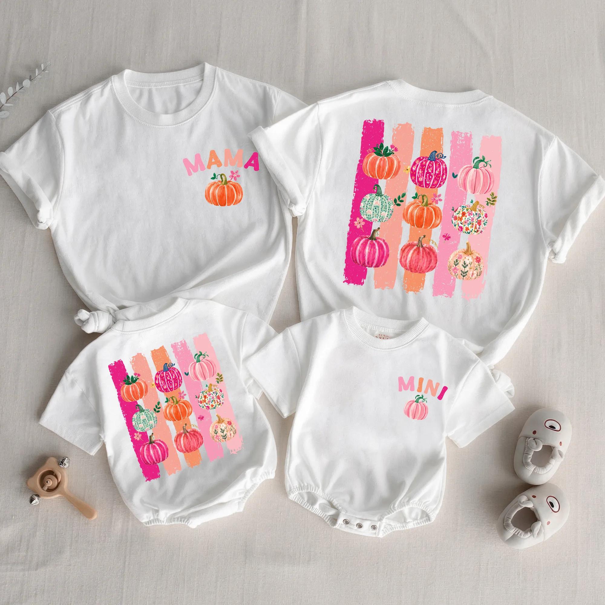 Pink Pumpkin Matching Family Outfits with Custom Name, Preppy Fall Mama and Mini Shirts, Baby Bubble Romper for Autumn Photos