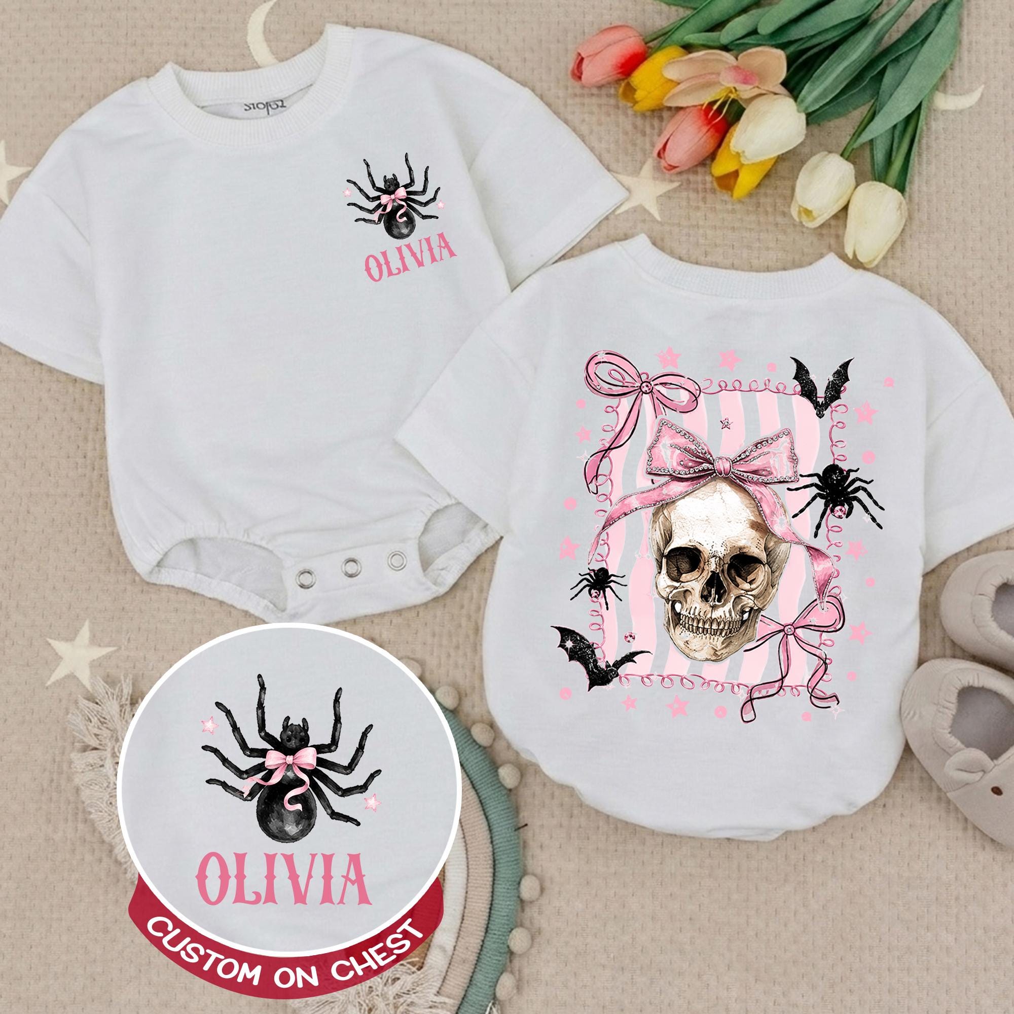 Pink Skull and Spider Baby Romper with Custom Name, Halloween Infant Outfit for Pumpkin Patch, Spooky Baby Shower Gift