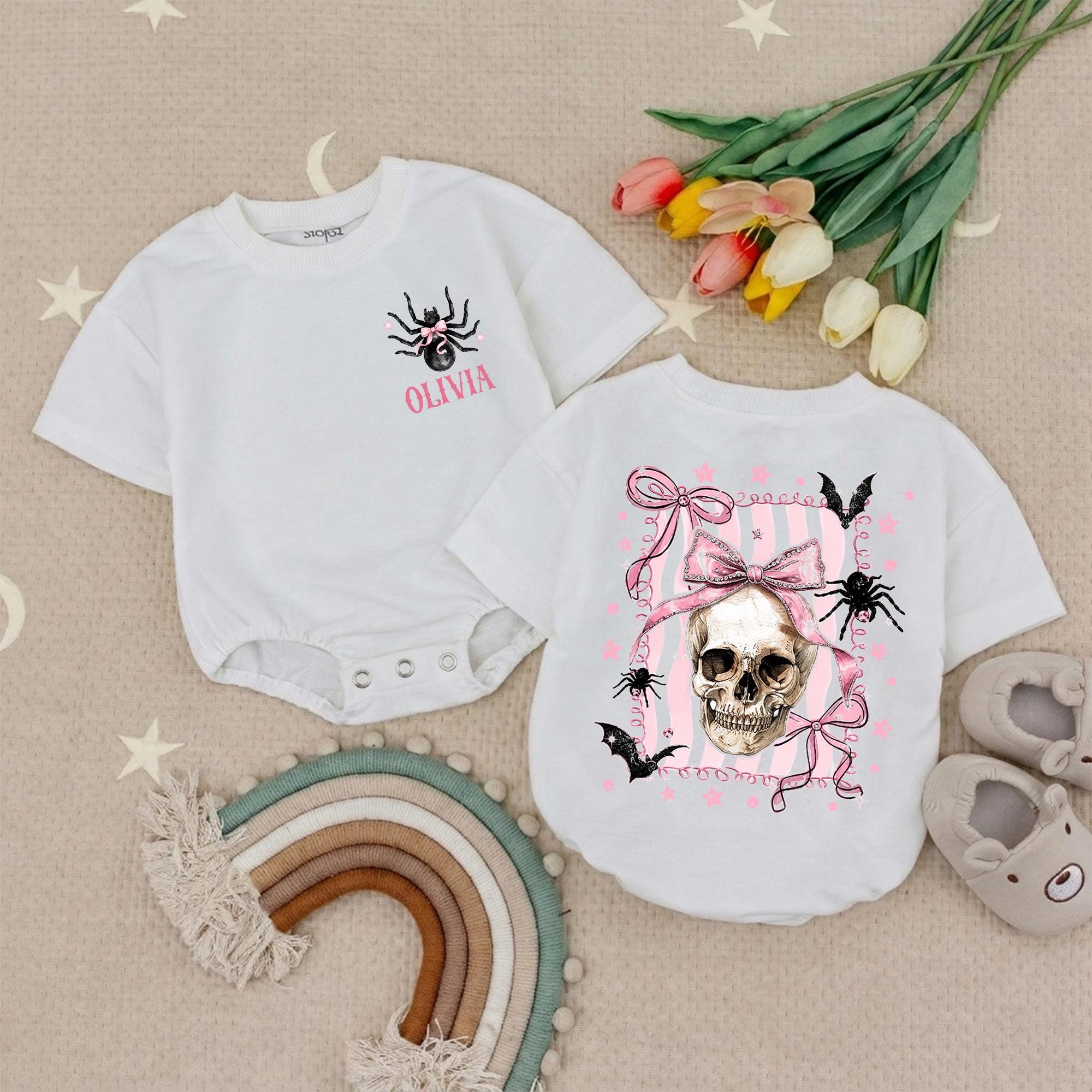 Pink Skull and Spider Baby Romper with Custom Name, Halloween Infant Outfit for Pumpkin Patch, Spooky Baby Shower Gift
