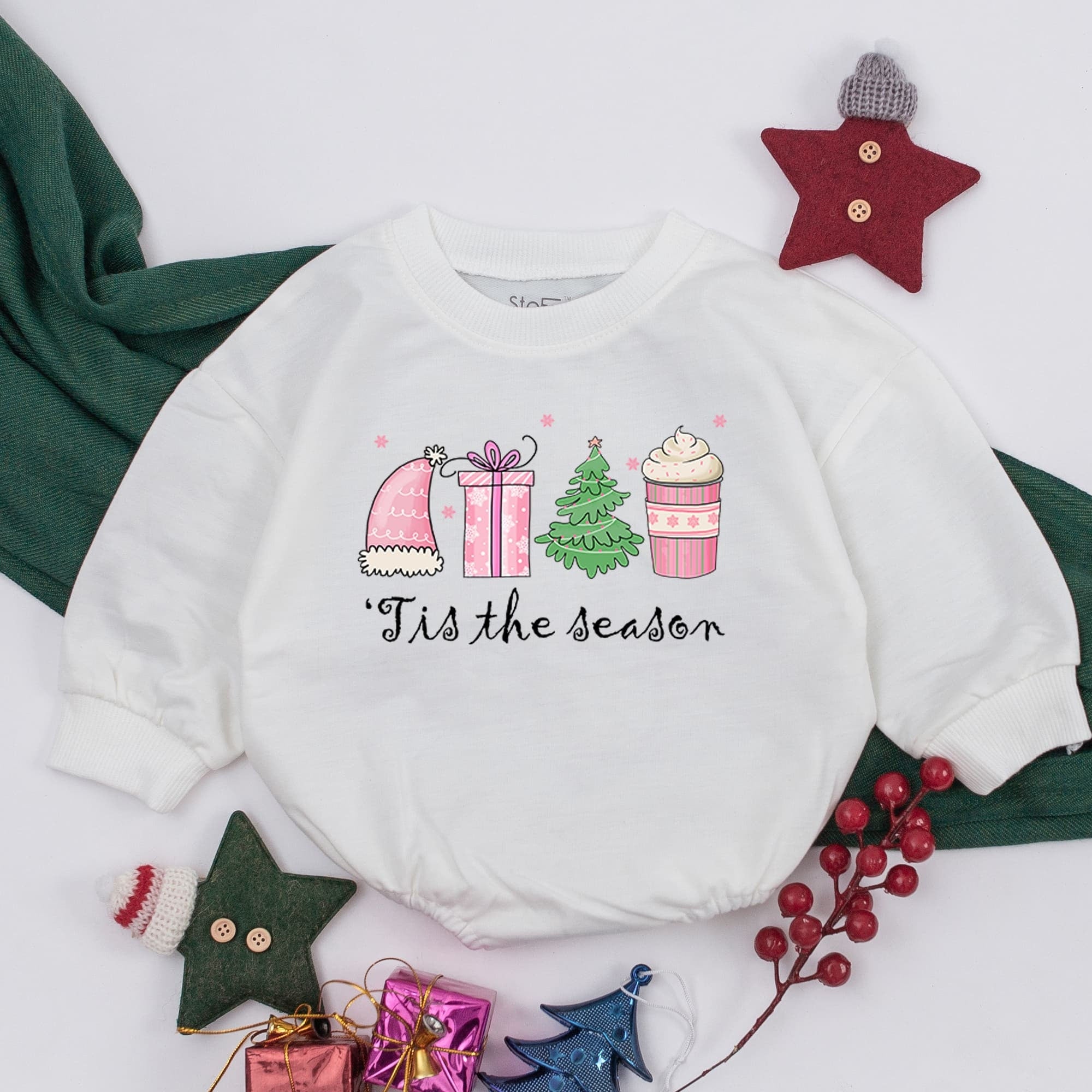 Pink Tis the Season Baby Romper with Santa Hat and Christmas Tree Soft Cotton First Christmas Outfit Baby Girl Holiday Gift