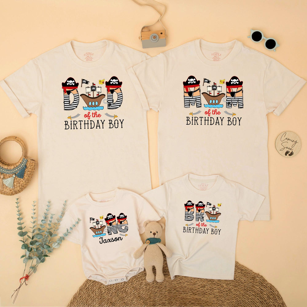 Pirate Birthday Boy Matching Family Shirts with Cartoon Ship Design, Mom Dad Toddler First Birthday Outfit, Baby Boy Gift One Year Old